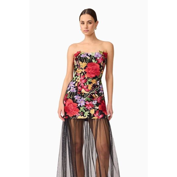 ELLIATT Talia Strapless Maxi Dress Black Floral Wedding Guest Dinner Size S NWT - Picture 4 of 8